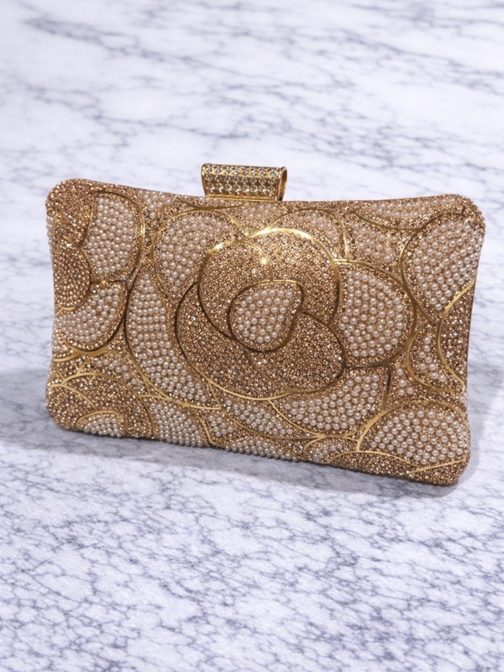 Elegant Gold Floral Pearl Evening Clutch
